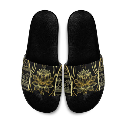 Egypt The Lotus Slide Sandals Gold Bloom Hieroglyphic Patterns