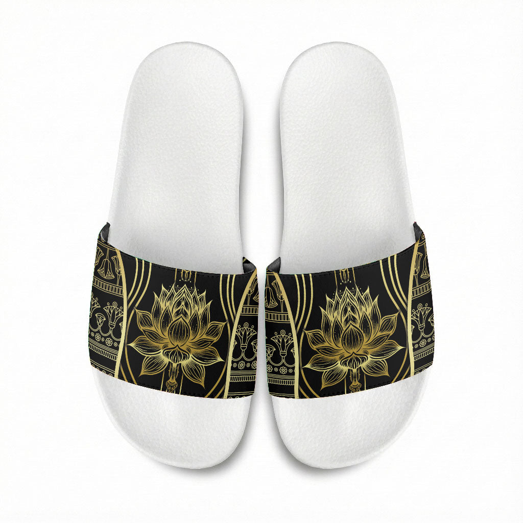 Egypt The Lotus Slide Sandals Gold Bloom Hieroglyphic Patterns