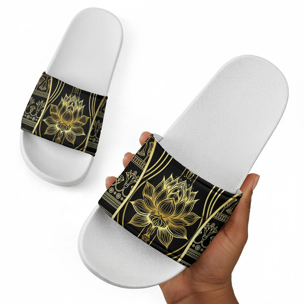Egypt The Lotus Slide Sandals Gold Bloom Hieroglyphic Patterns