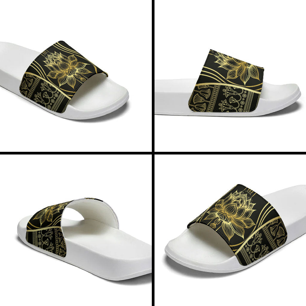 Egypt The Lotus Slide Sandals Gold Bloom Hieroglyphic Patterns