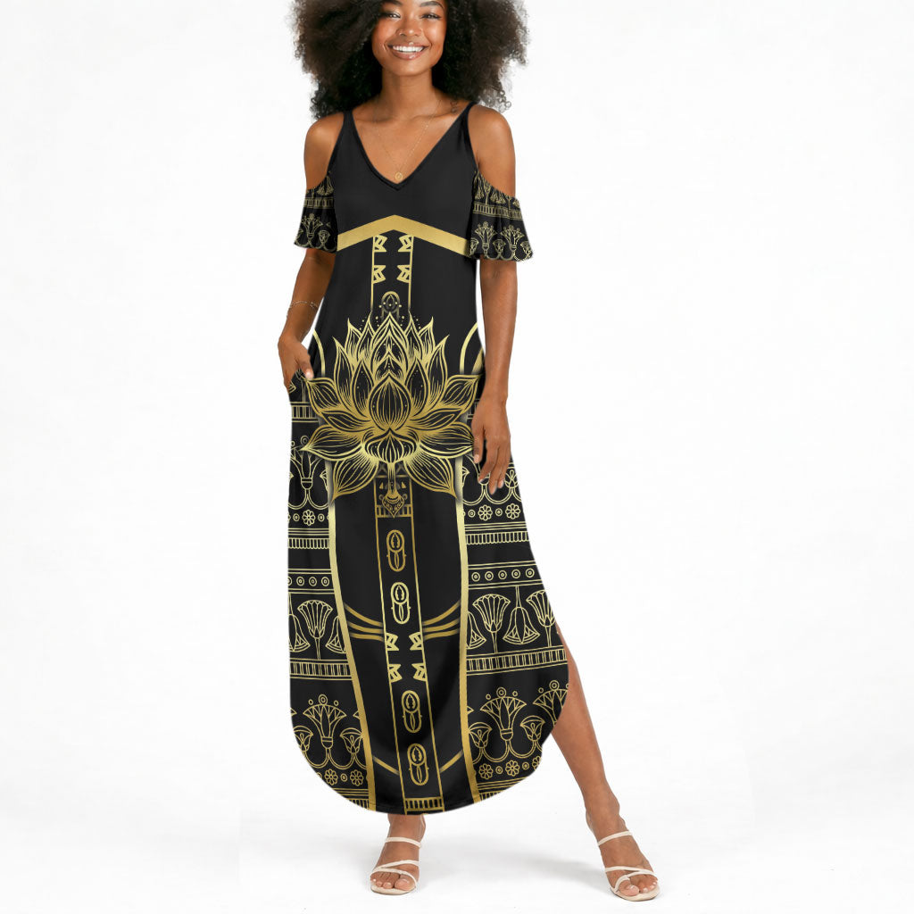Egypt The Lotus Summer Maxi Dress Gold Bloom Hieroglyphic Patterns