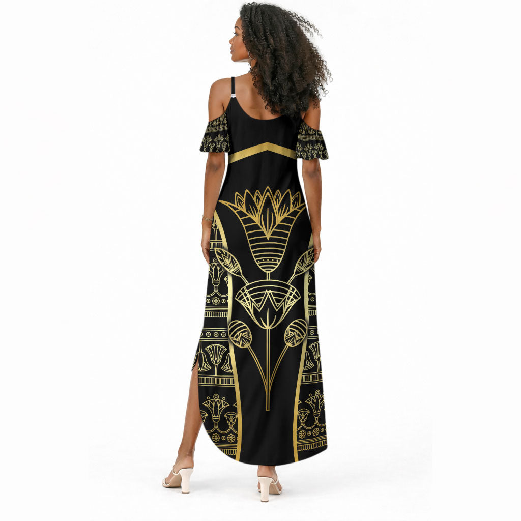 Egypt The Lotus Summer Maxi Dress Gold Bloom Hieroglyphic Patterns