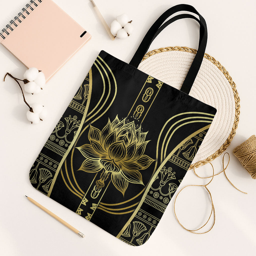 Egypt The Lotus Tote Bag Gold Bloom Hieroglyphic Patterns
