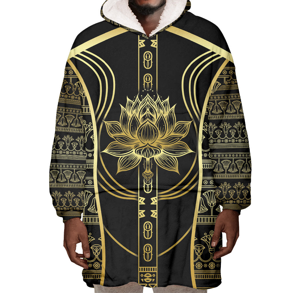 Egypt The Lotus Wearable Blanket Hoodie Gold Bloom Hieroglyphic Patterns