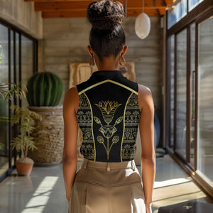 Egypt The Lotus Women Sleeveless Polo Shirt Gold Bloom Hieroglyphic Patterns