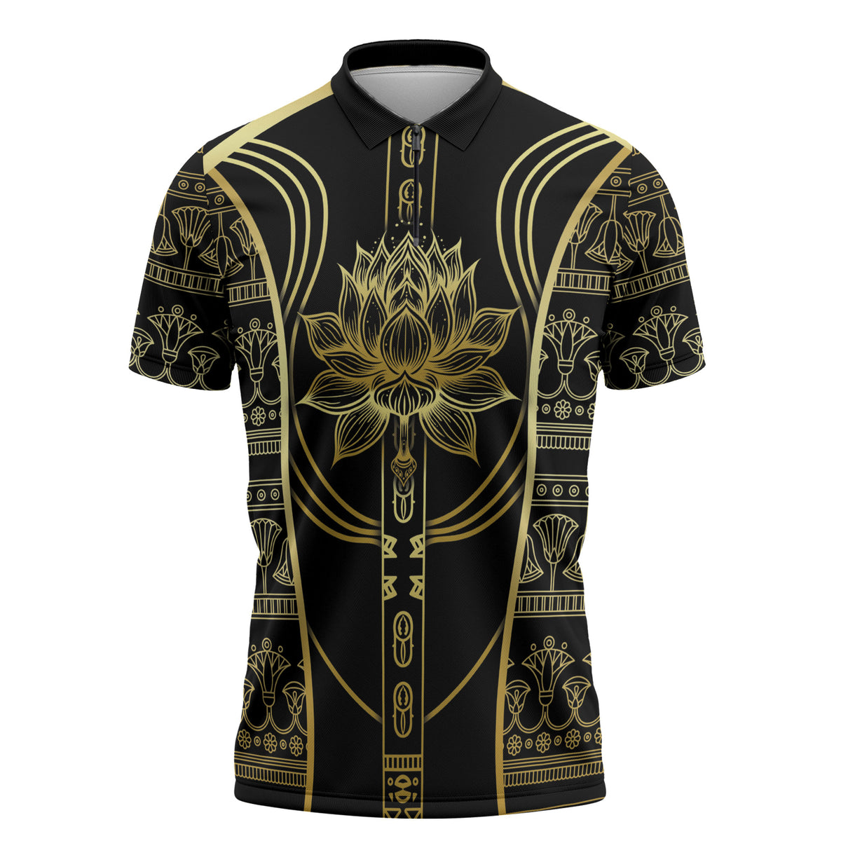 Egypt The Lotus Zipper Polo Shirt Gold Bloom Hieroglyphic Patterns