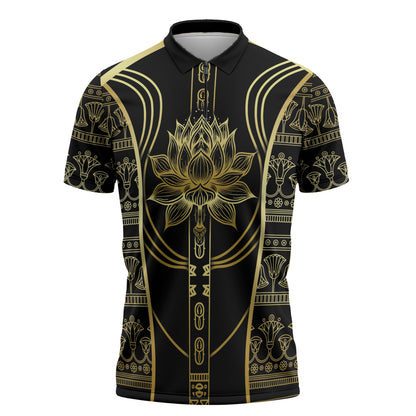 Egypt The Lotus Zipper Polo Shirt Gold Bloom Hieroglyphic Patterns