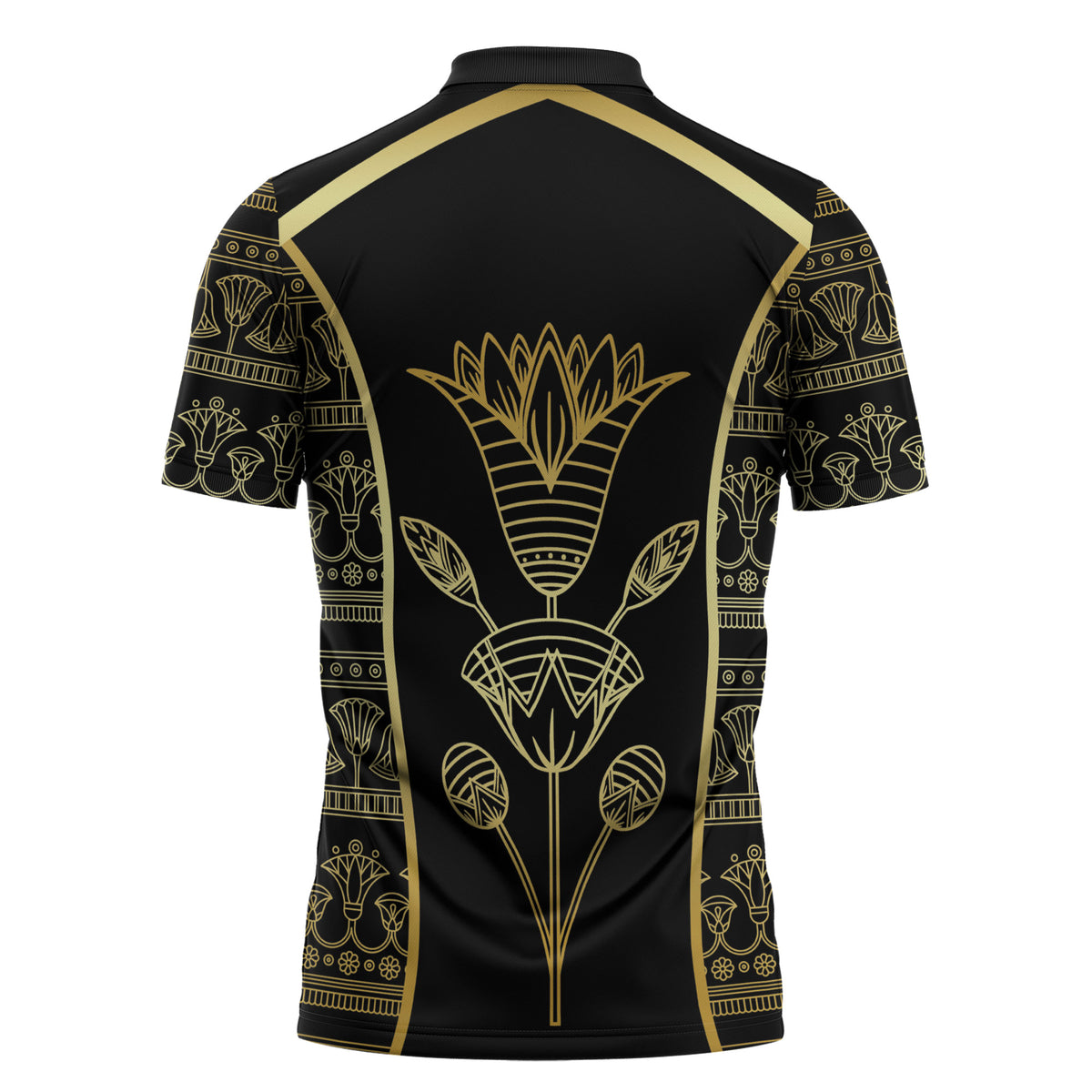 Egypt The Lotus Zipper Polo Shirt Gold Bloom Hieroglyphic Patterns