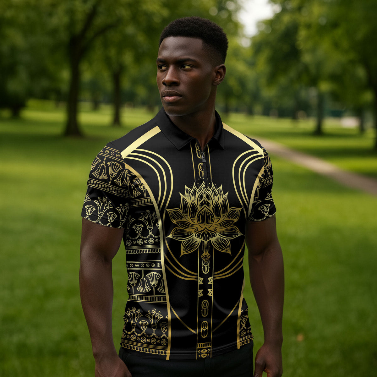 Egypt The Lotus Zipper Polo Shirt Gold Bloom Hieroglyphic Patterns
