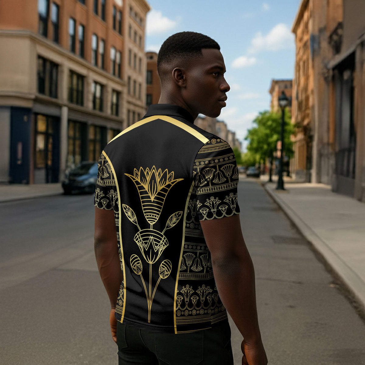 Egypt The Lotus Zipper Polo Shirt Gold Bloom Hieroglyphic Patterns