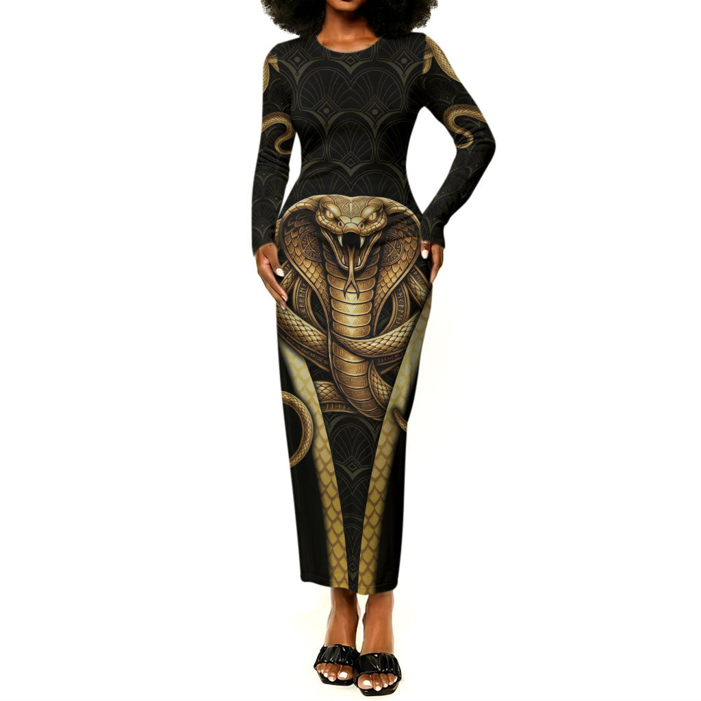 Egypt Uraeus Long Sleeve Bodycon Dress Gold Cobra Luxury Style