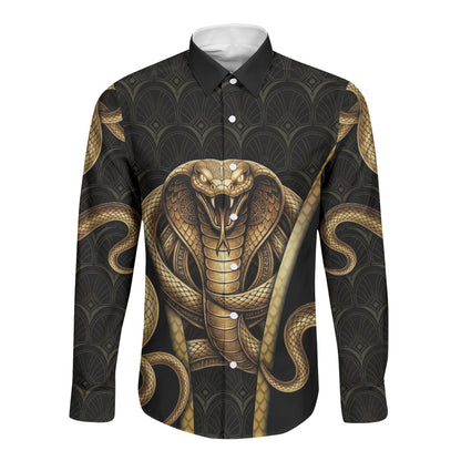 Egypt Uraeus Long Sleeve Button Shirt Gold Cobra Luxury Style