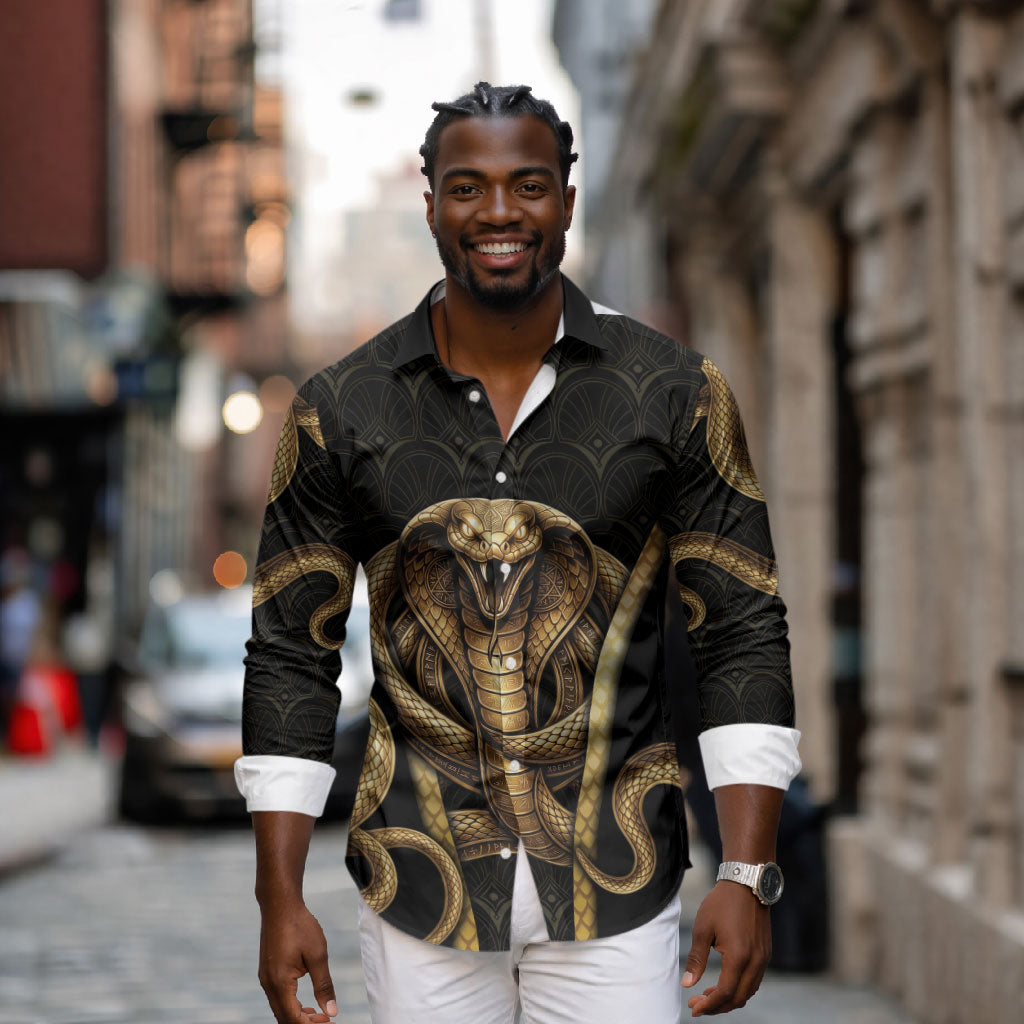 Egypt Uraeus Long Sleeve Button Shirt Gold Cobra Luxury Style