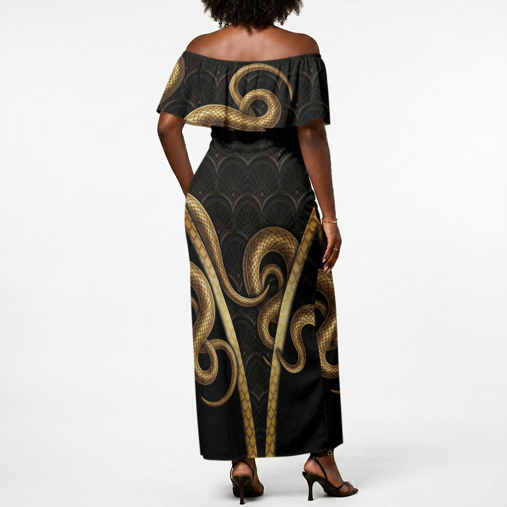 Egypt Uraeus Off Shoulder Maxi Dress Gold Cobra Luxury Style
