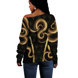 Egypt Uraeus Off Shoulder Sweater Gold Cobra Luxury Style