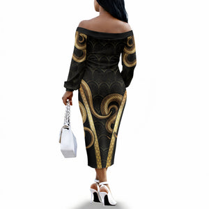 Egypt Uraeus Off The Shoulder Long Sleeve Dress Gold Cobra Luxury Style
