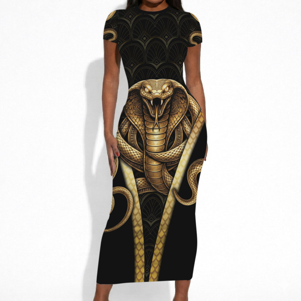 Egypt Uraeus Short Sleeve Bodycon Dress Gold Cobra Luxury Style