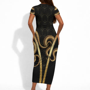 Egypt Uraeus Short Sleeve Bodycon Dress Gold Cobra Luxury Style