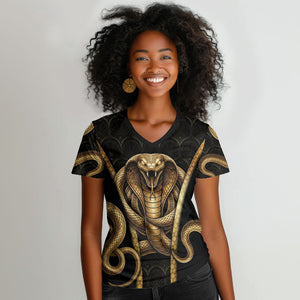 Egypt Uraeus Women V-Neck T-Shirt Gold Cobra Luxury Style