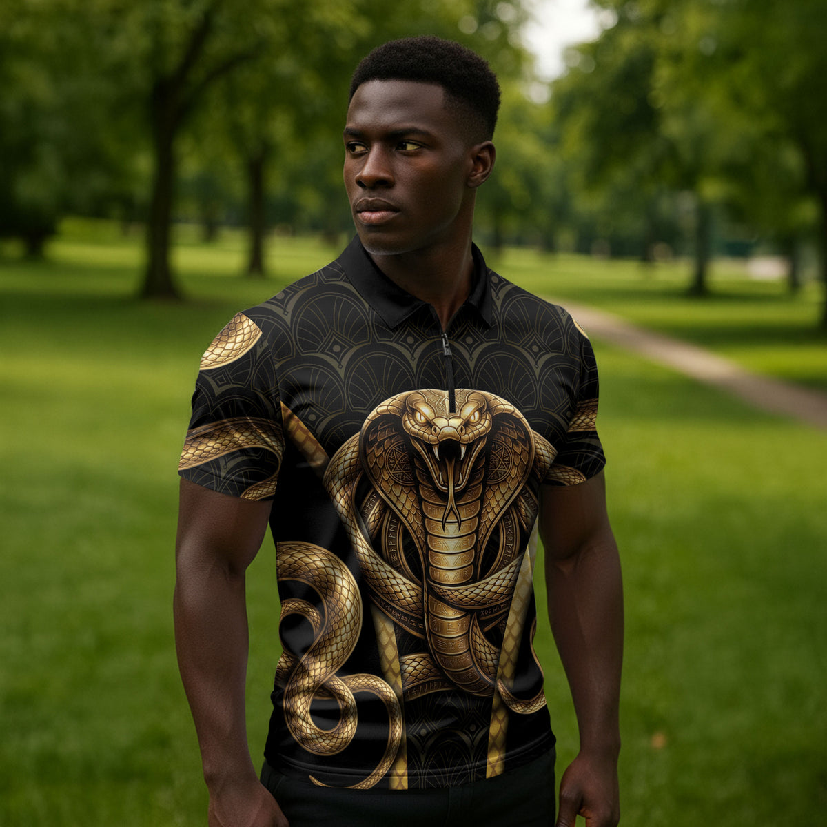 Egypt Uraeus Zipper Polo Shirt Gold Cobra Luxury Style