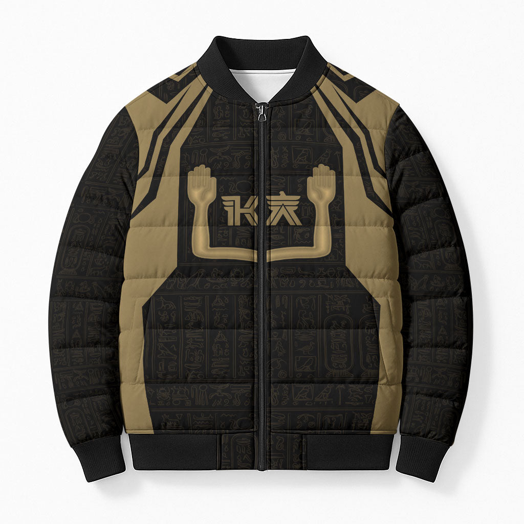 Custom Egypt KA Bomber Puffer Jacket Gold Symbol Hieroglyphic Texture
