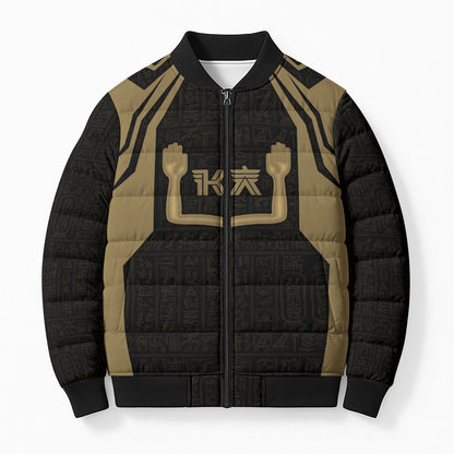 Custom Egypt KA Bomber Puffer Jacket Gold Symbol Hieroglyphic Texture