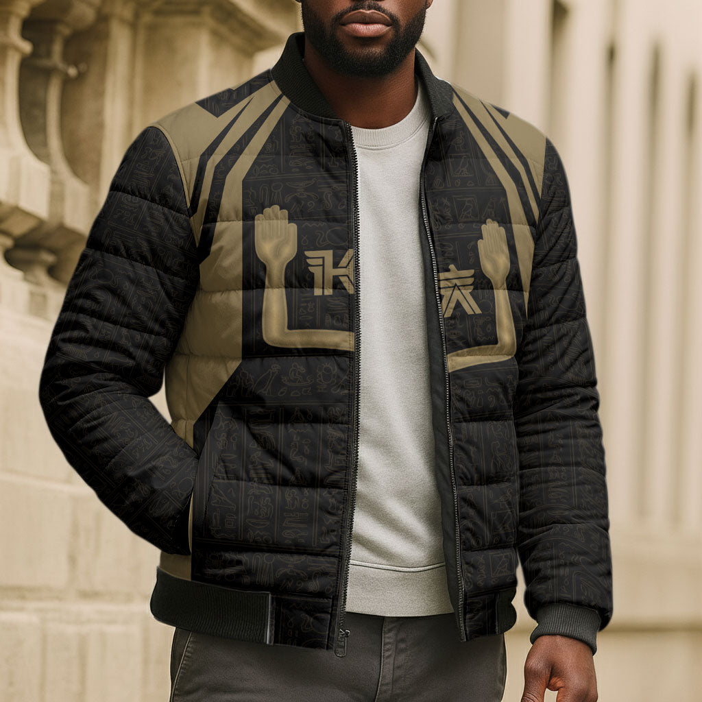 Custom Egypt KA Bomber Puffer Jacket Gold Symbol Hieroglyphic Texture