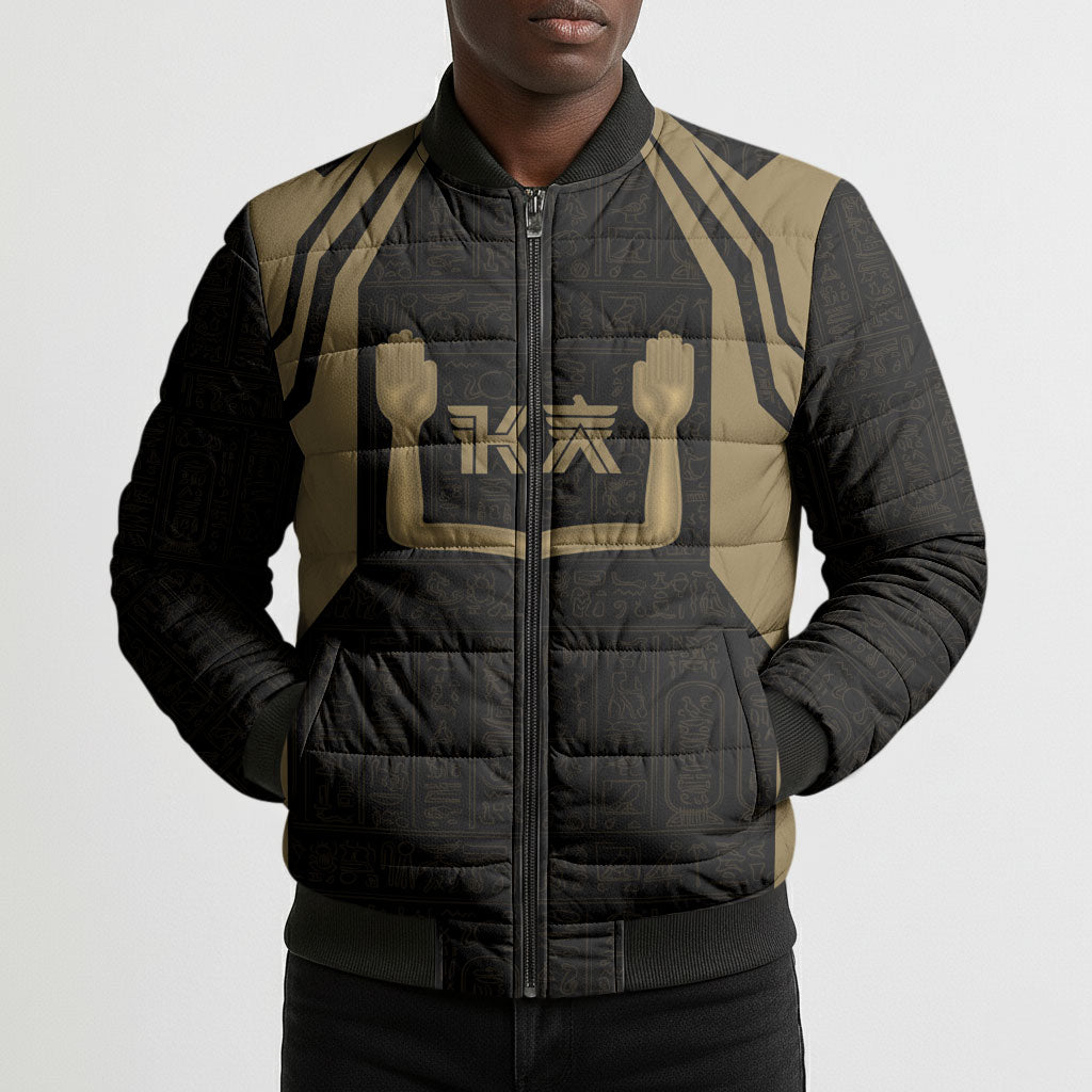 Custom Egypt KA Bomber Puffer Jacket Gold Symbol Hieroglyphic Texture