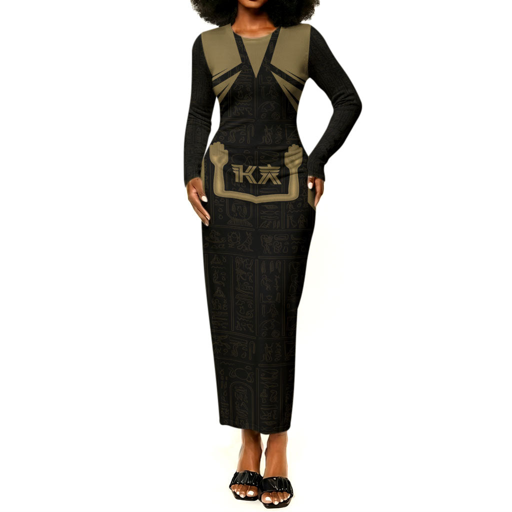 Custom Egypt KA Long Sleeve Bodycon Dress Gold Symbol Hieroglyphic Texture