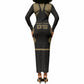 Custom Egypt KA Long Sleeve Bodycon Dress Gold Symbol Hieroglyphic Texture