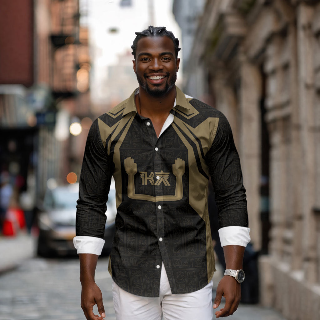 Custom Egypt KA Long Sleeve Button Shirt Gold Symbol Hieroglyphic Texture