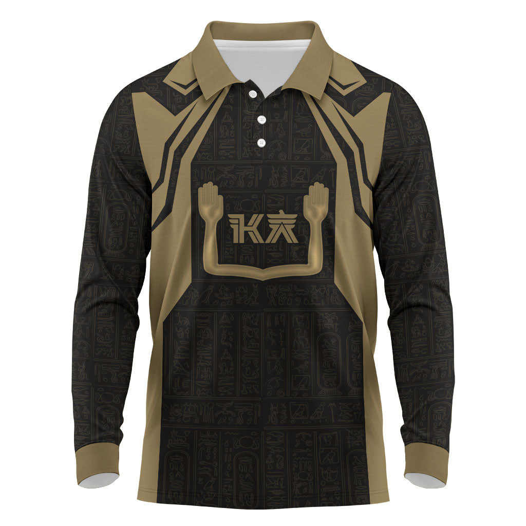 Custom Egypt KA Long Sleeve Polo Shirt Gold Symbol Hieroglyphic Texture