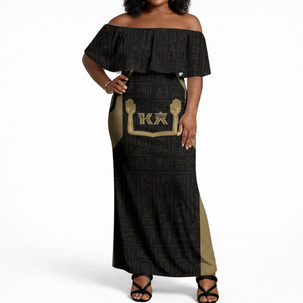 Custom Egypt KA Off Shoulder Maxi Dress Gold Symbol Hieroglyphic Texture