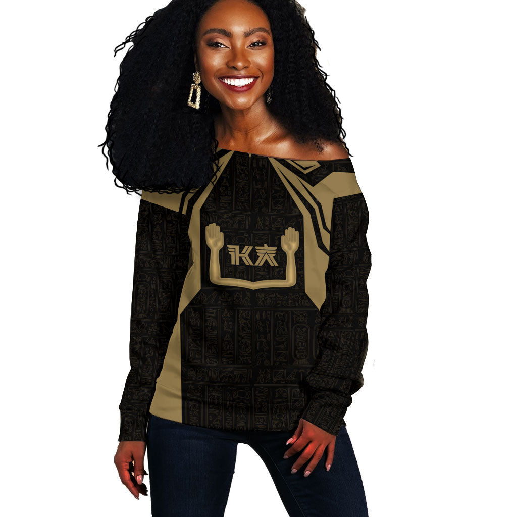 Custom Egypt KA Off Shoulder Sweater Gold Symbol Hieroglyphic Texture