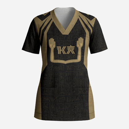 Custom Egypt KA Scrub Top Gold Symbol Hieroglyphic Texture