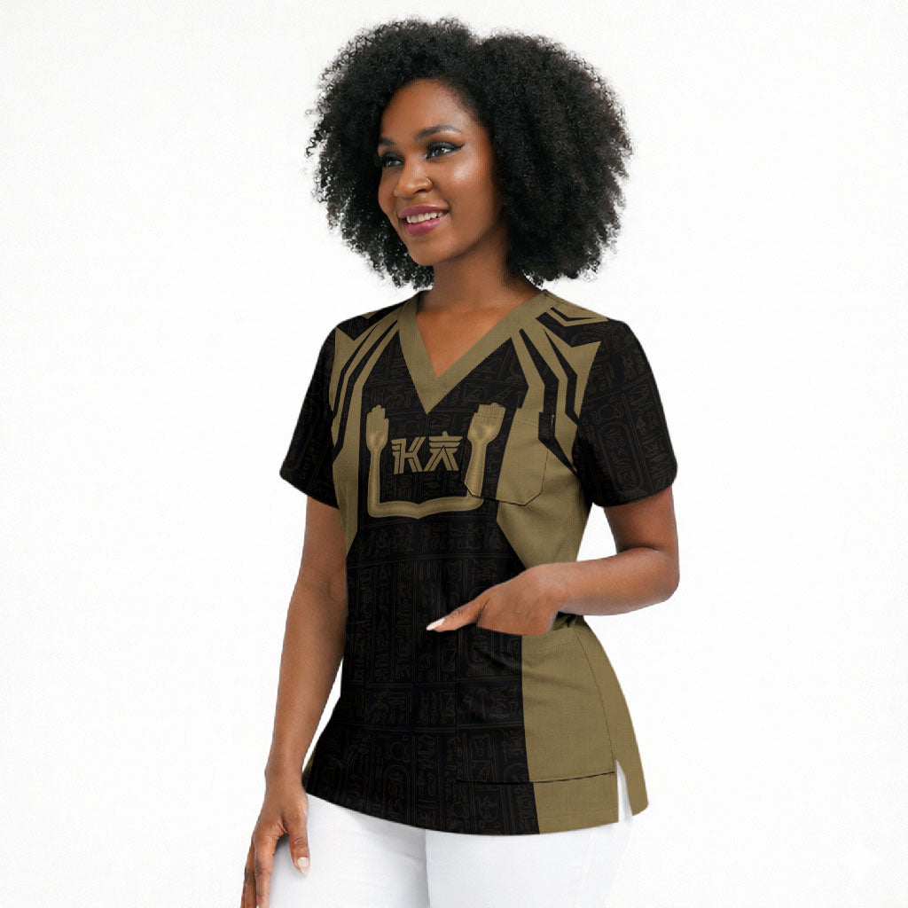 Custom Egypt KA Scrub Top Gold Symbol Hieroglyphic Texture