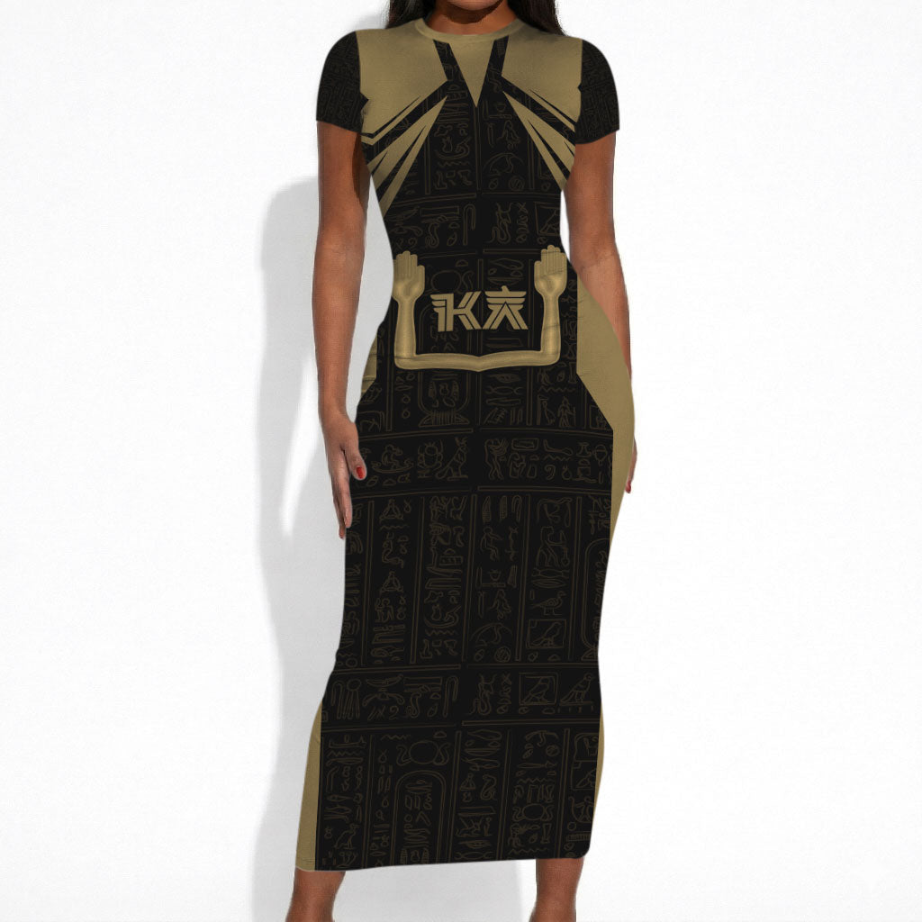 Custom Egypt KA Short Sleeve Bodycon Dress Gold Symbol Hieroglyphic Texture