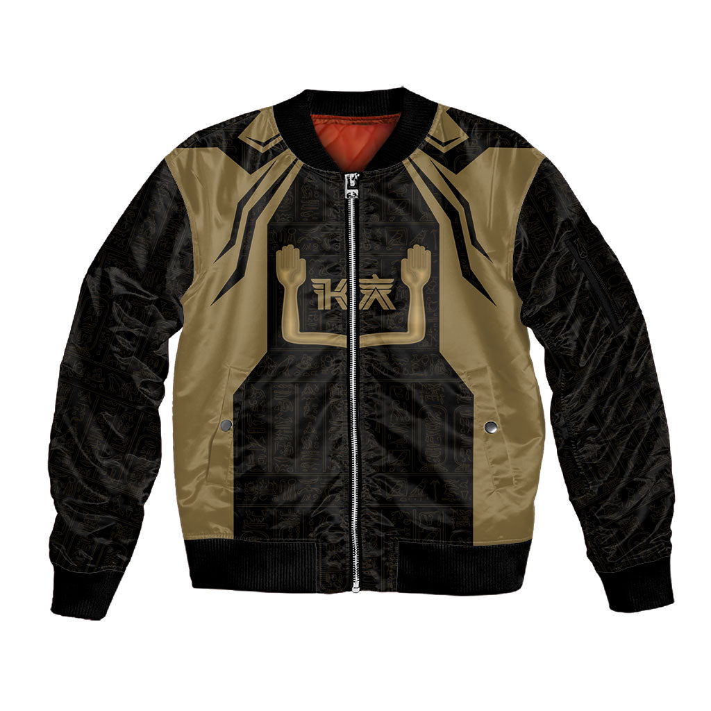 Custom Egypt KA Sleeve Zip Bomber Jacket Gold Symbol Hieroglyphic Texture
