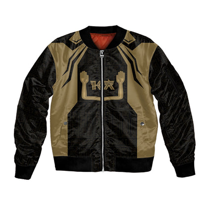 Custom Egypt KA Sleeve Zip Bomber Jacket Gold Symbol Hieroglyphic Texture