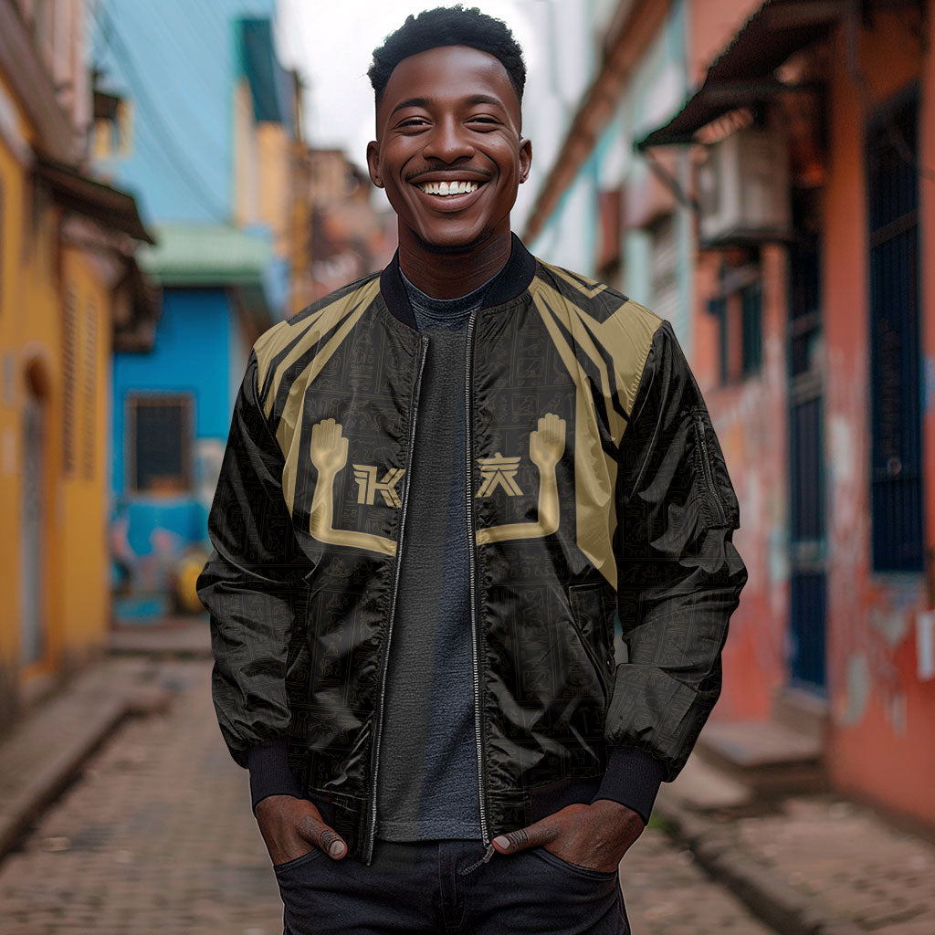 Custom Egypt KA Sleeve Zip Bomber Jacket Gold Symbol Hieroglyphic Texture