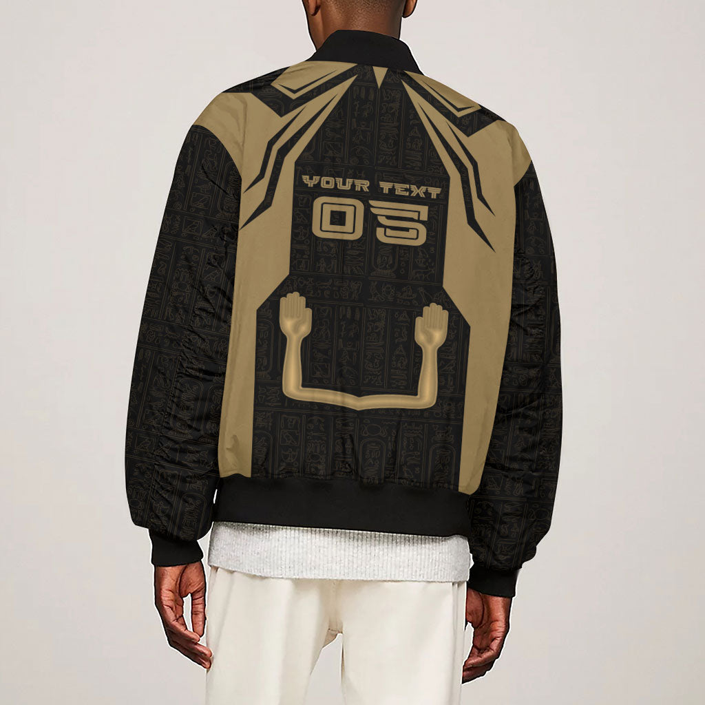 Custom Egypt KA Sleeve Zip Bomber Jacket Gold Symbol Hieroglyphic Texture