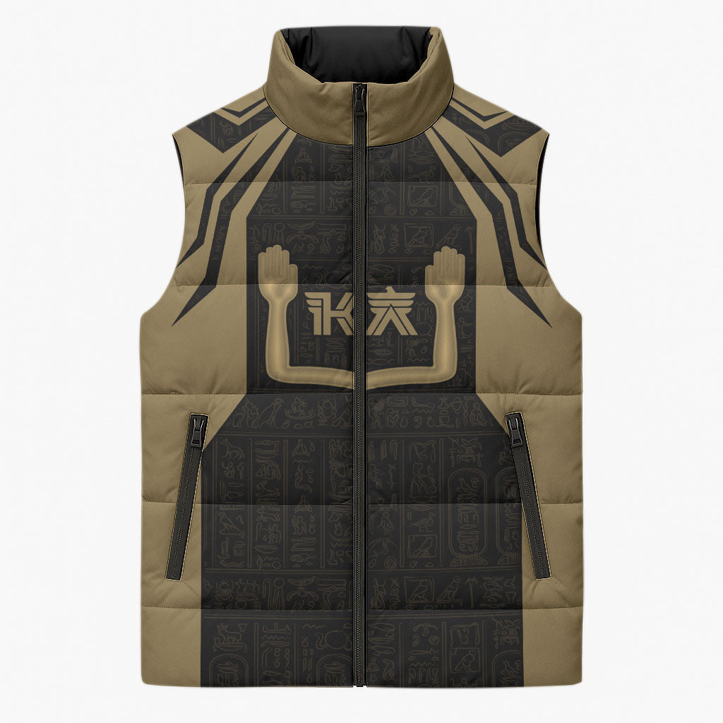 Custom Egypt KA Sleeveless Puffer Jacket Gold Symbol Hieroglyphic Texture