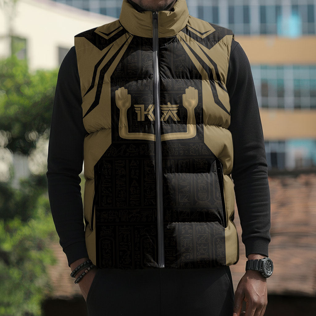 Custom Egypt KA Sleeveless Puffer Jacket Gold Symbol Hieroglyphic Texture