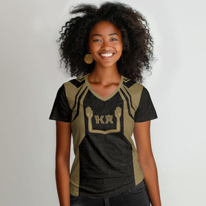 Custom Egypt KA Women V-Neck T-Shirt Gold Symbol Hieroglyphic Texture