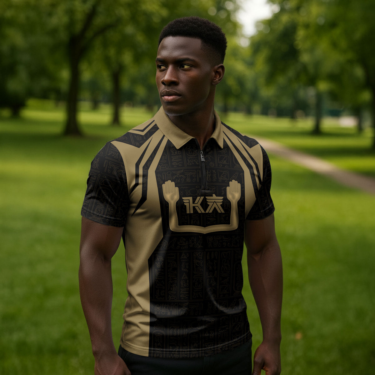Custom Egypt KA Zipper Polo Shirt Gold Symbol Hieroglyphic Texture