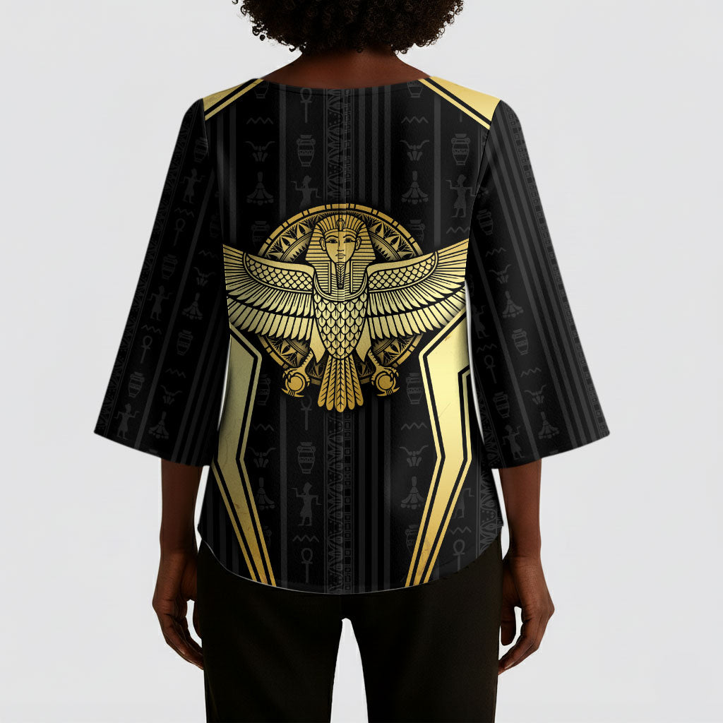 Egypt BA Kimono Sleeve Blouse Winged Pharaoh Hieroglyphic Patterns