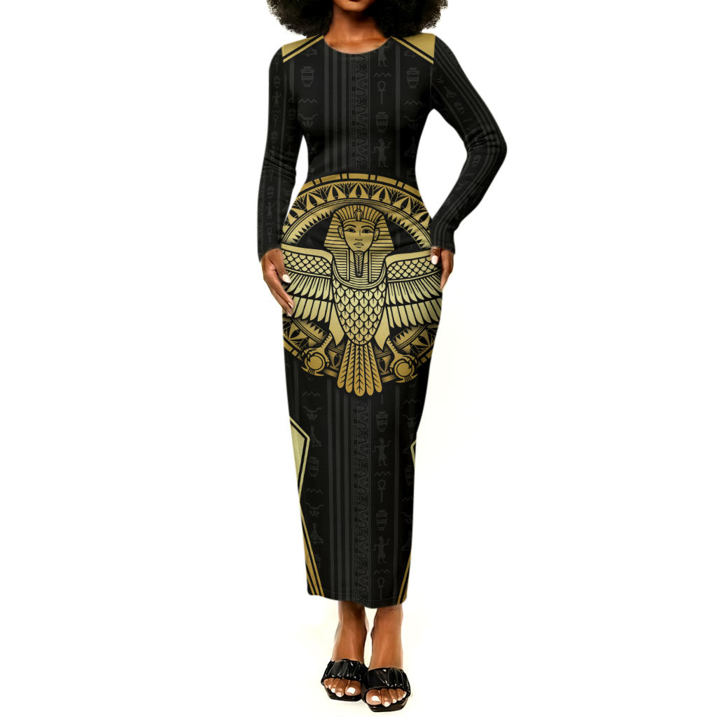 Egypt BA Long Sleeve Bodycon Dress Winged Pharaoh Hieroglyphic Patterns
