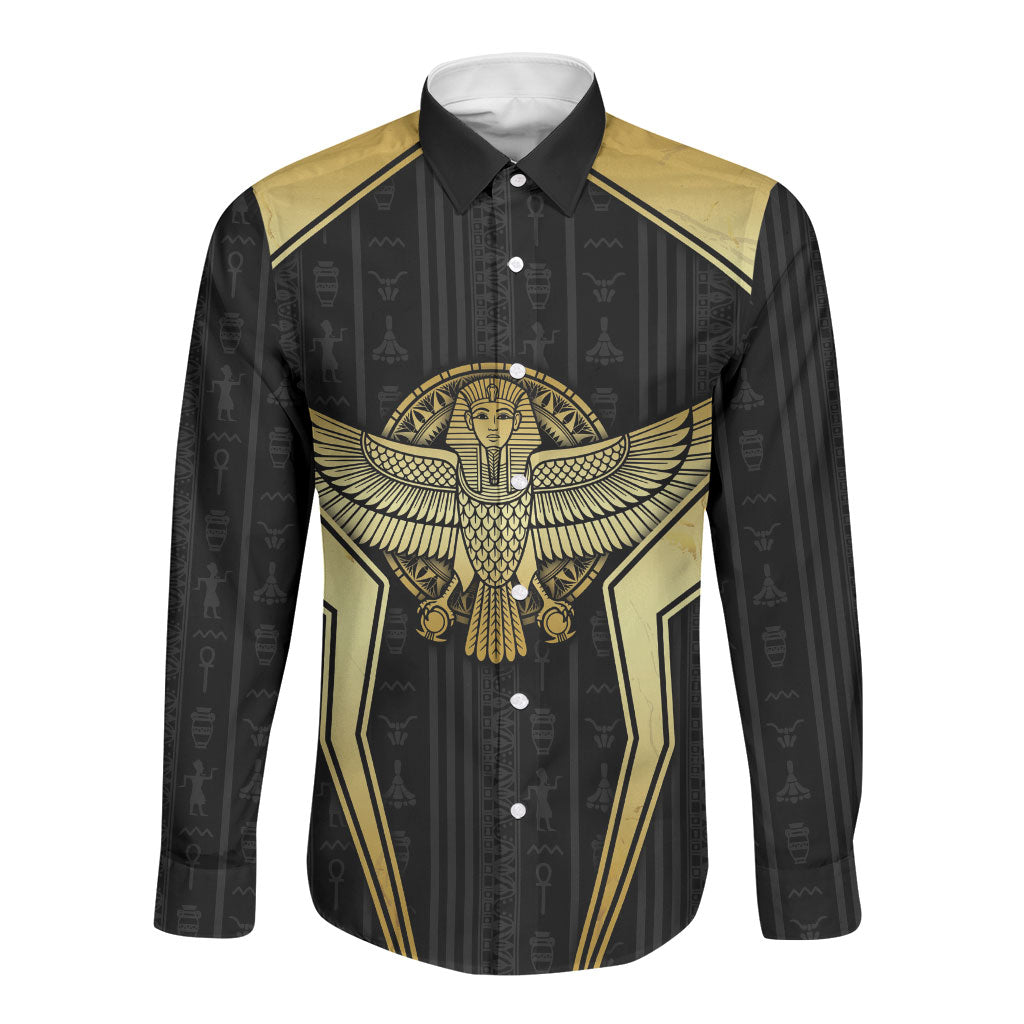 Egypt BA Long Sleeve Button Shirt Winged Pharaoh Hieroglyphic Patterns