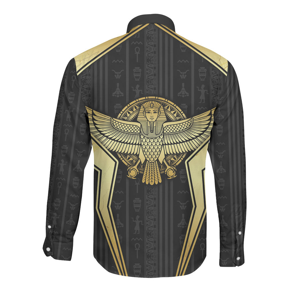 Egypt BA Long Sleeve Button Shirt Winged Pharaoh Hieroglyphic Patterns