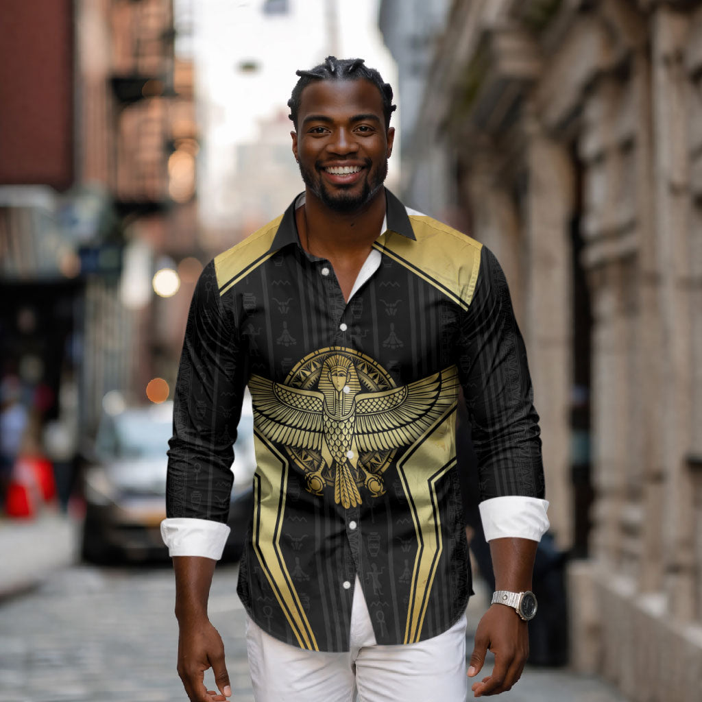 Egypt BA Long Sleeve Button Shirt Winged Pharaoh Hieroglyphic Patterns